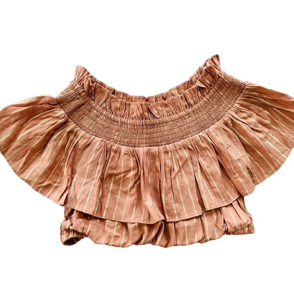 Shona Joy Crop Top Off Shoulder Size 8 Ruffle Smocked Tan Gold Stripe - Picture 1 of 5